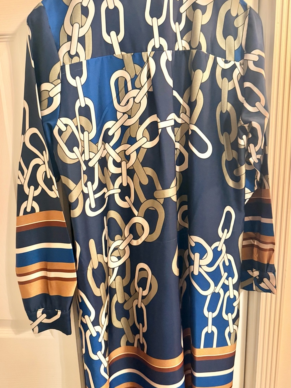 Navy Chain-Print Long Sleeve Satin Shirt Dress